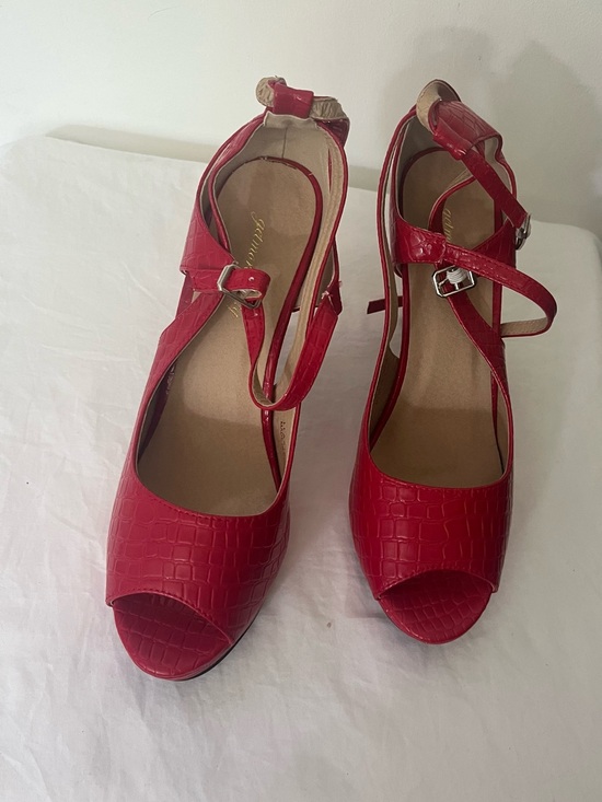 Getmorebeauty Shoes - Red Faux-Croc Peep-Toe Ankle Strap Heels